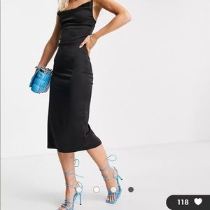 Black satin cami strap midi dress with cowl neck